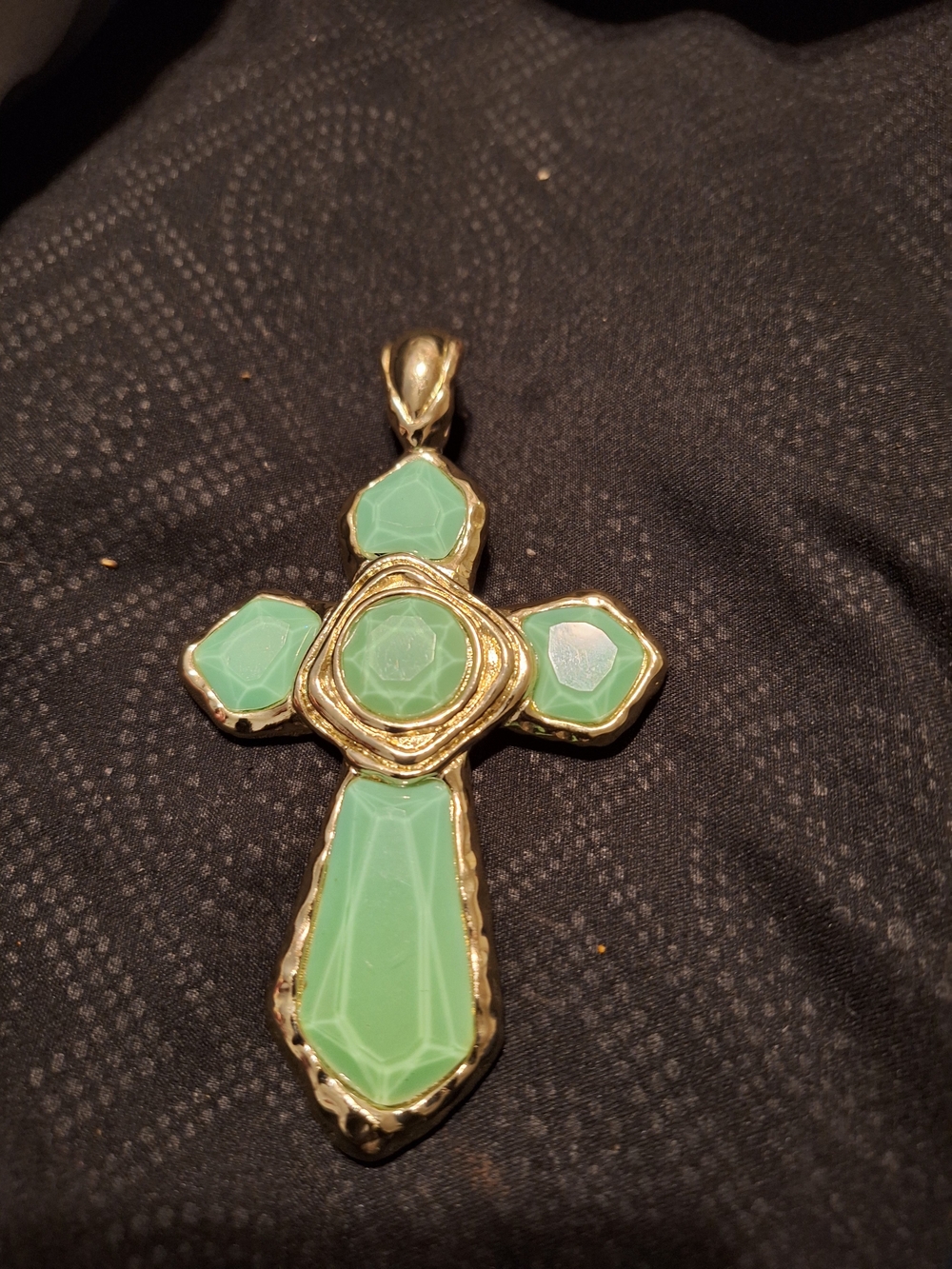 Gold Cross Pendant with Mint Green Gem Inlay